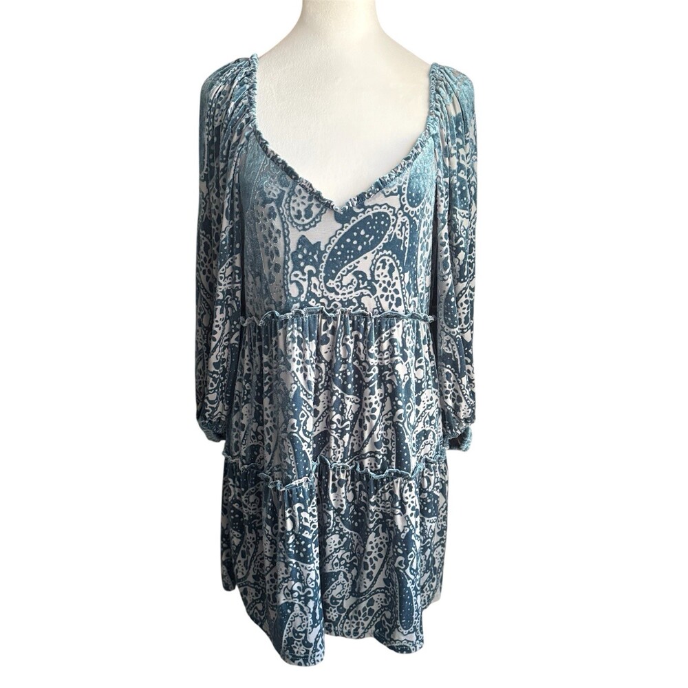 Betsey Johnson Women M Blue Paisley Burnout Velvet Tiered Dress Boho Romantic
